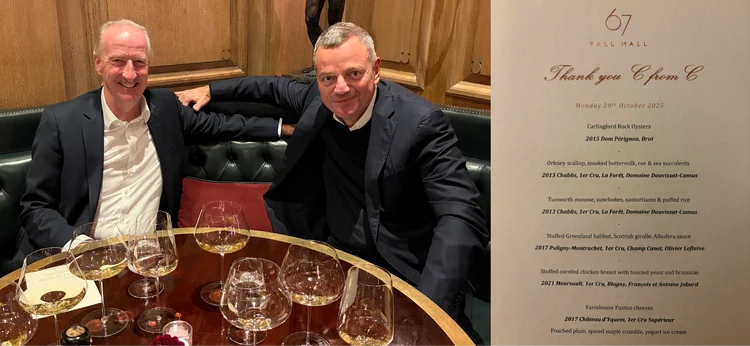 Sir Alex and Christopher sitting at a restaurant and a picture of the course menu on the left.