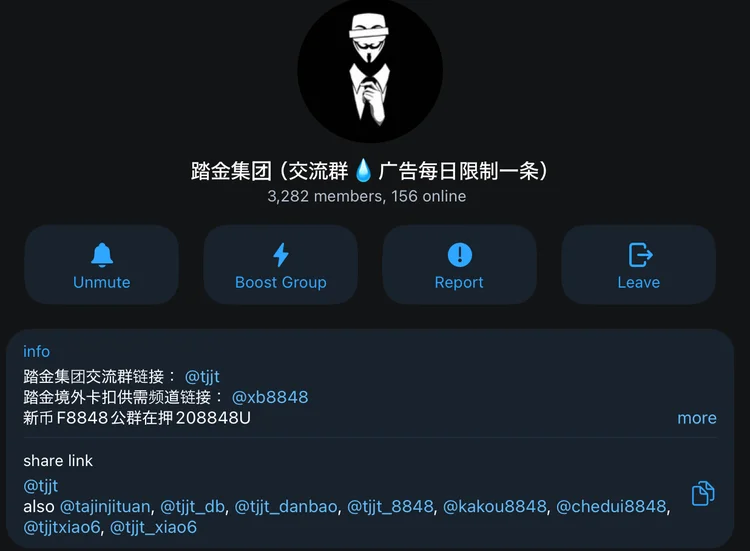 Screenshot of Tajin Group’s Telegram channel, featuring its member count and deposit status