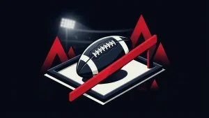 American football inside a trading frame with a red barrier symbolizing scrutiny of sports contracts